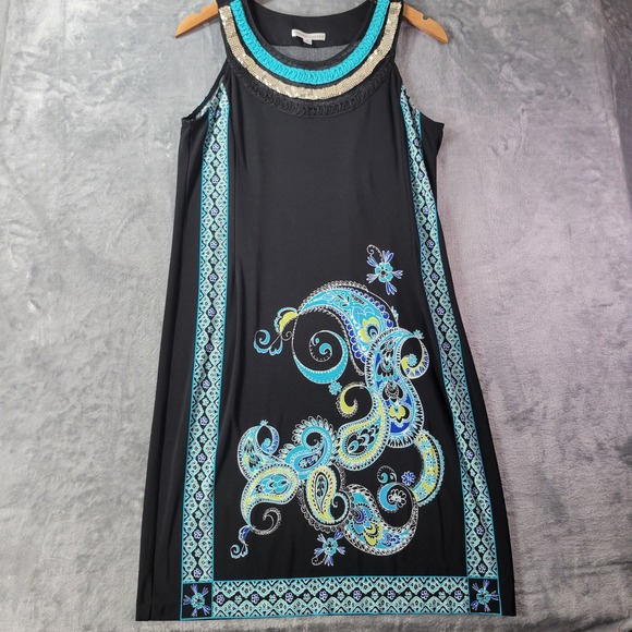 SandraDarren Women Dress Size 8 Black Blue Paisley Shift Sleeveless Party Midi - Picture 1 of 10